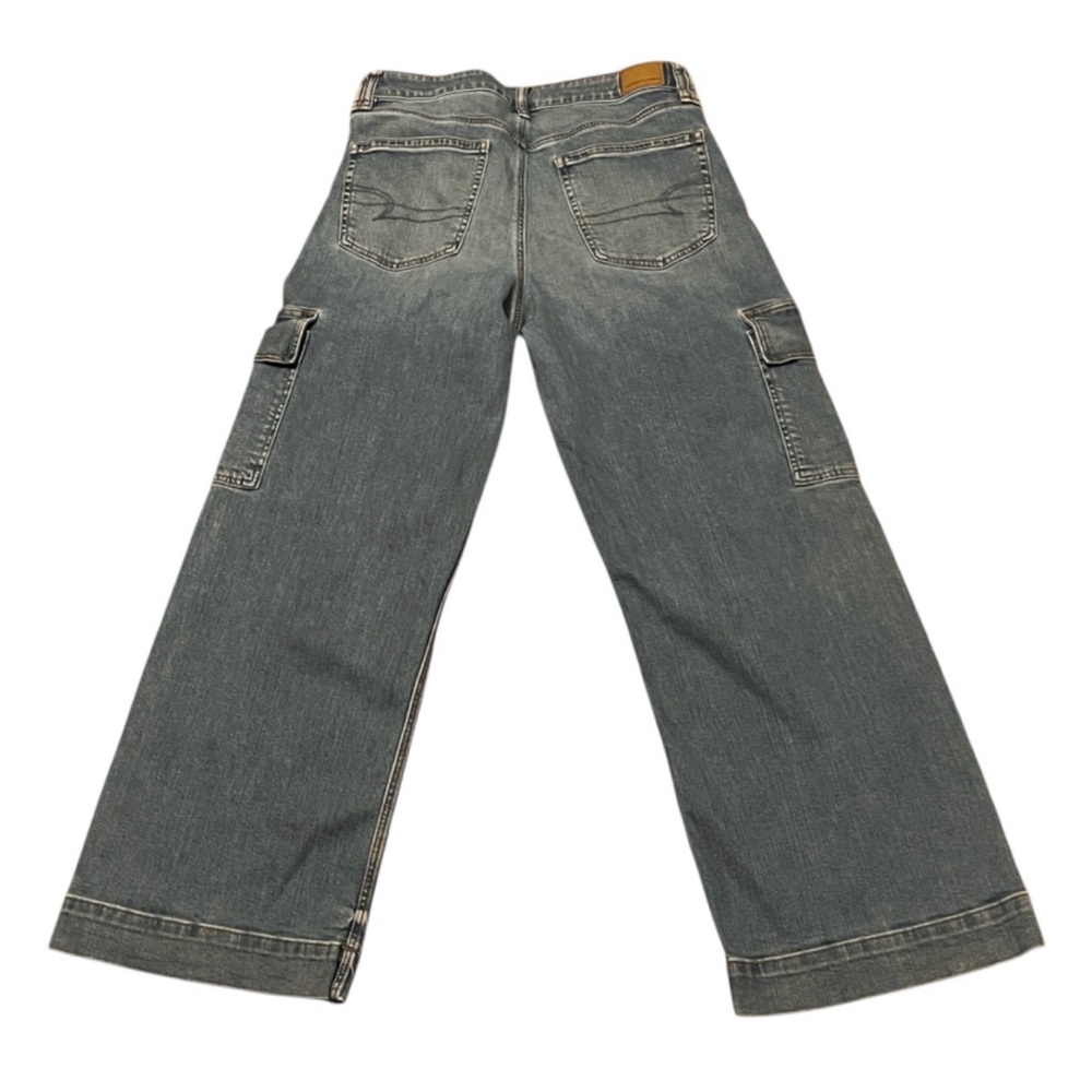 American Eagle Women Super High Rise Baggy Wide Leg Cargo Blue Jeans Size 12 EUC - Picture 3 of 11